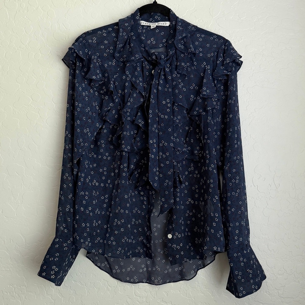 Veronica Beard Women's Finley Ruffled Tie Neck Floral Printed Blouse Navy Sz 10 - Picture 2 of 10
